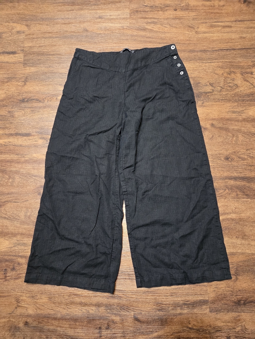Gudrun Sjoden Black Linen Blend Button Wide Leg Crop Pants L
